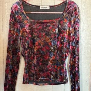Natural Life Danielle Top Womens L Floral Velvet Square Neck Long Sleeve Tee